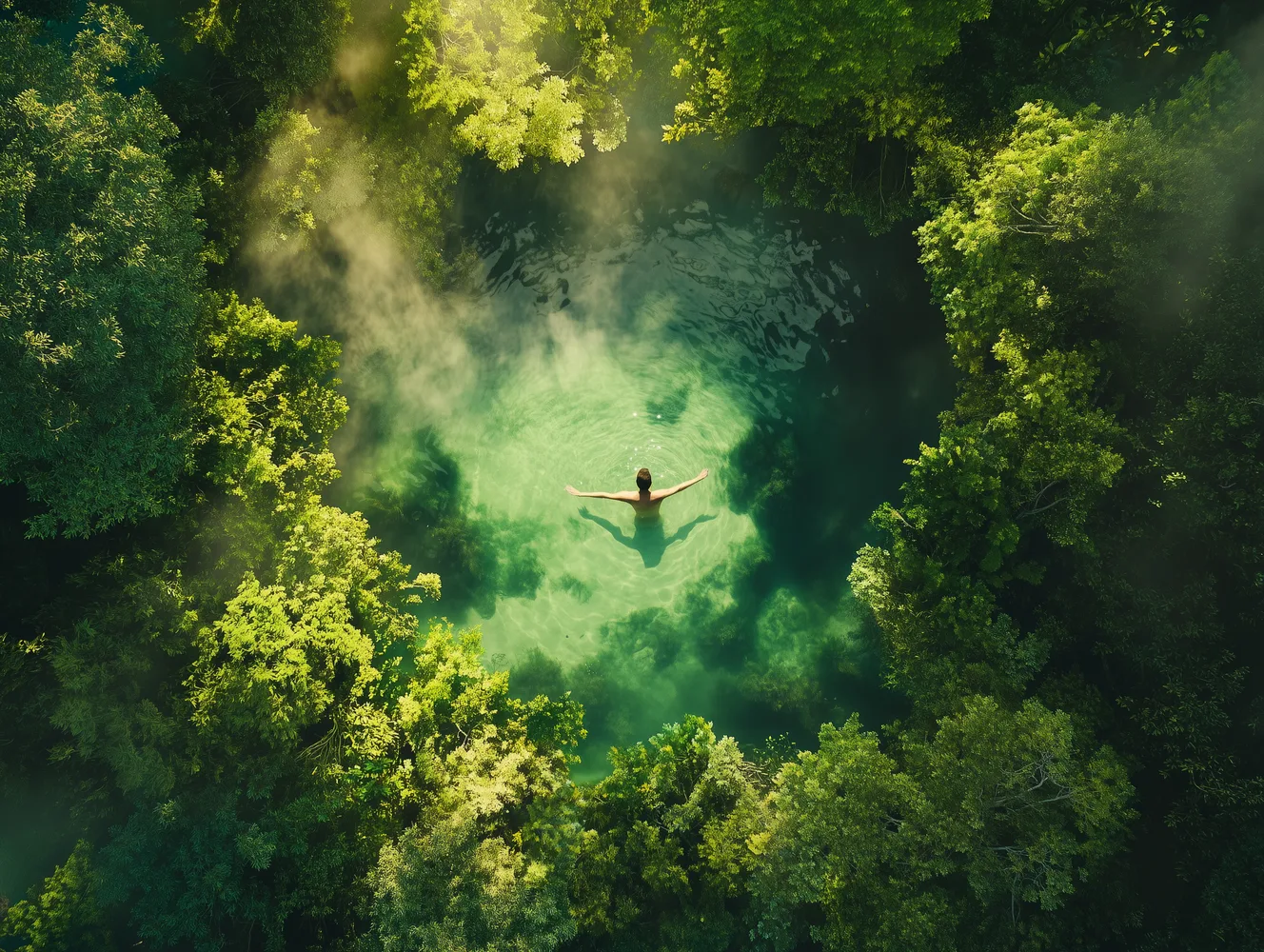 Forest canopy in soft green light